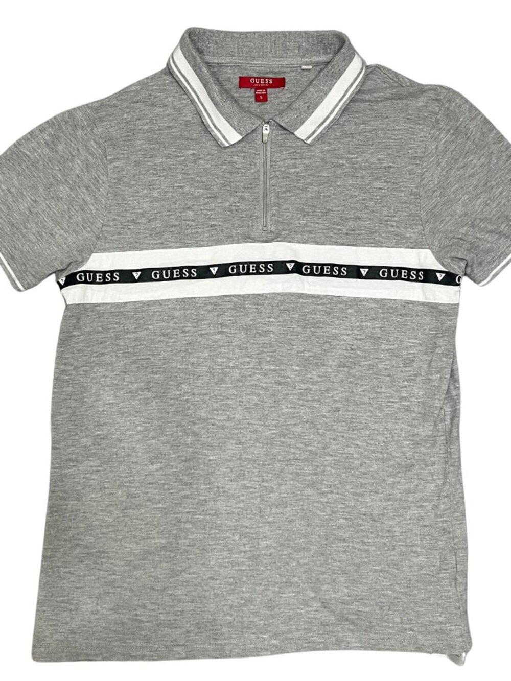GUESS Polo Shirt Women's Size S Gray Quarter Zip Top Logo Tape Short Sleeve Y2K
